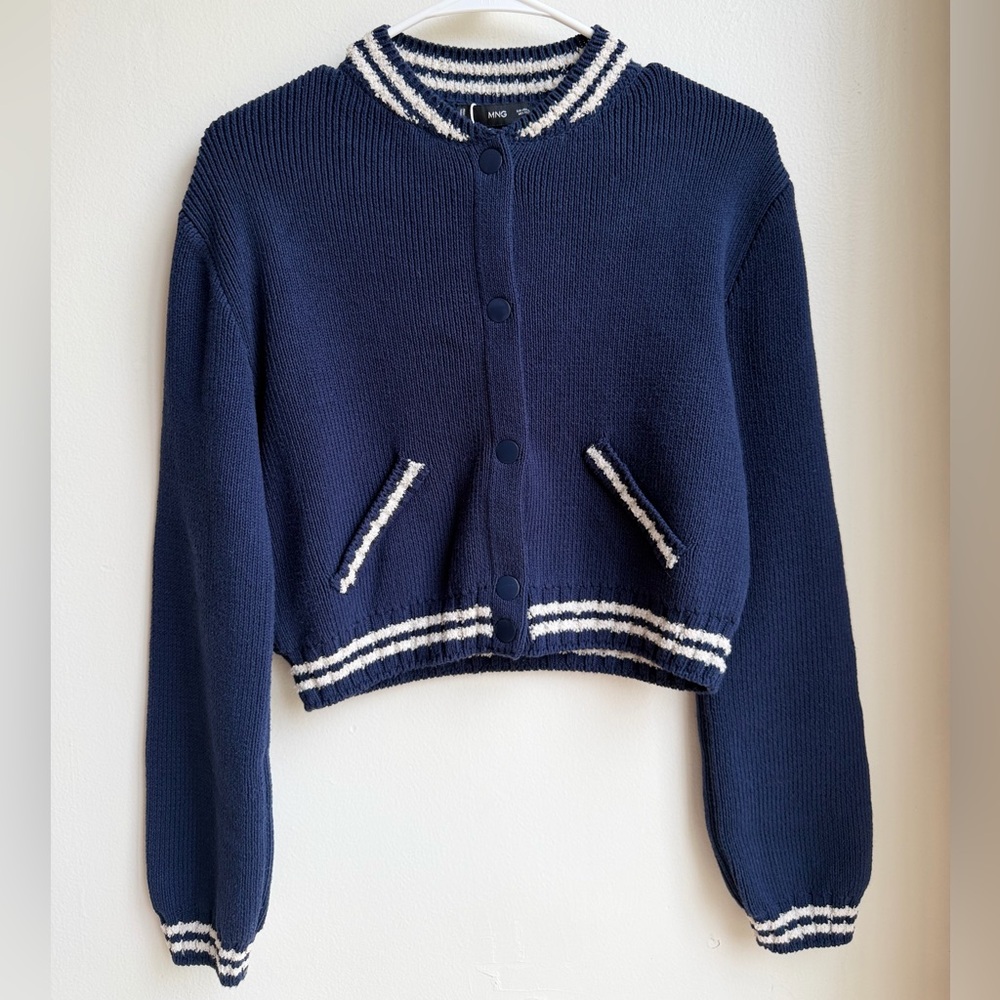 Women’s Mango MNG Navy Blue Contrast Striped Knit Cardigan –women’s Size XS